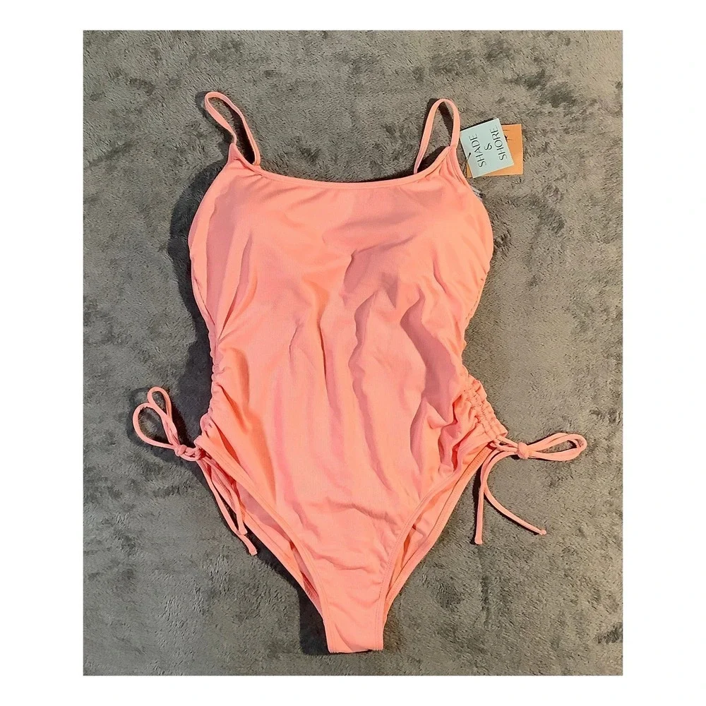 Shade‎ & Shore Pink Ribbed One Piece Swimsuit Ruched Size L 12-14 NWT